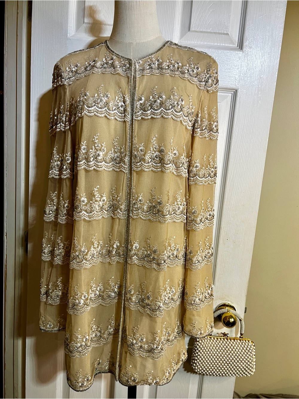 NITELINE Vtg 90s Wms Beige Sheer Mesh Embroidery Beaded Lined Evening Jacket M